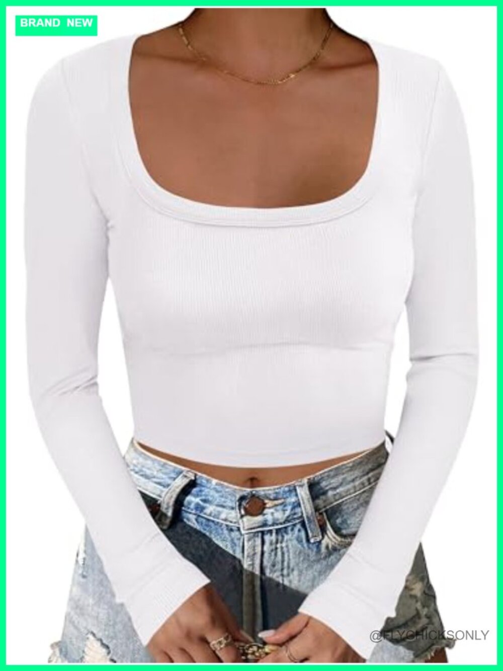 Women Square Neck Long Sleeve Ribbed Crop Top Skinny Fit Fall Basic Shirt